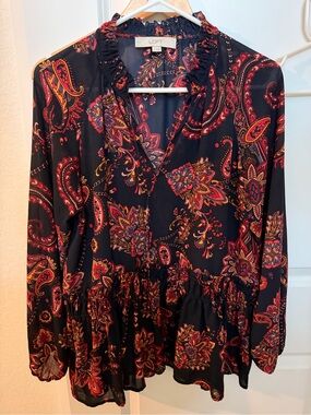 LOFT Black Paisley Ruffle-Neck Blouse with Red and Pink Accents